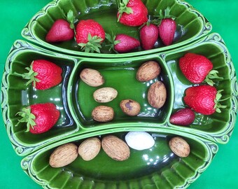 Maddux of California USA Three Piece Serving Dish. Green Pottery. Three divided pieces.Curved edges.   Vintage. Usable.
