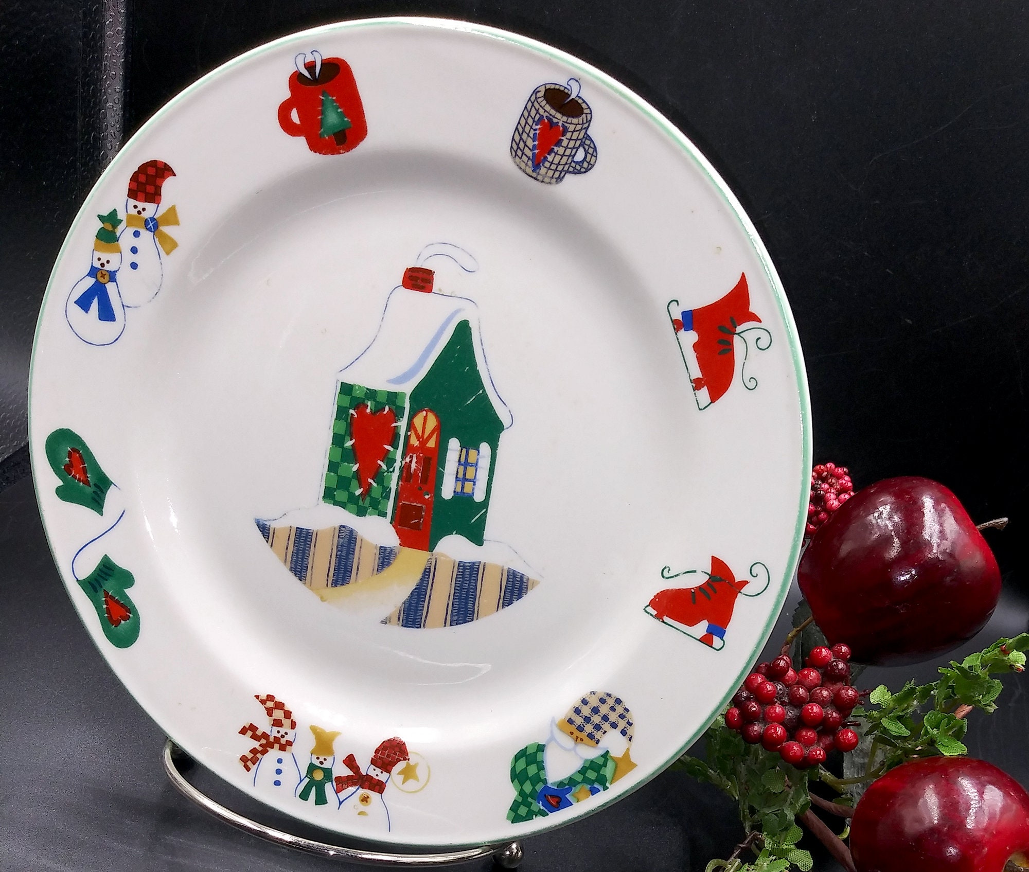 Lot De 4 Assiettes De Service Ovale Winter Village 31,5x21 Cm - Grès Décor Noël, Lavable Au Lave-vaisselle - 10