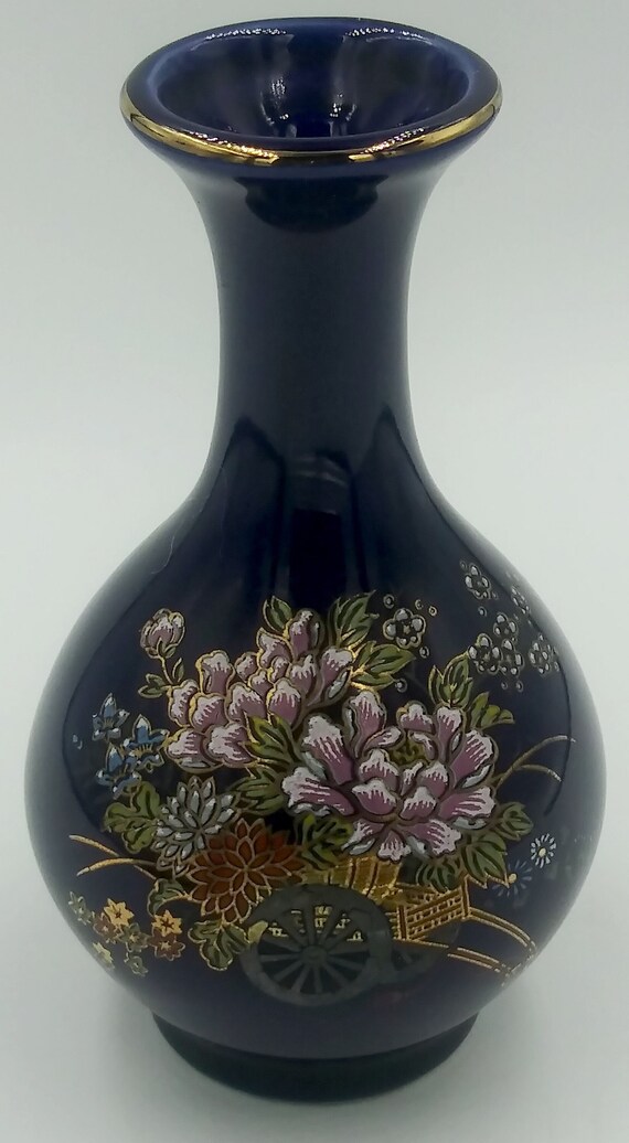 Kutani Cobalt Blue Vase. Small. Floral Pattern Gold Etsy