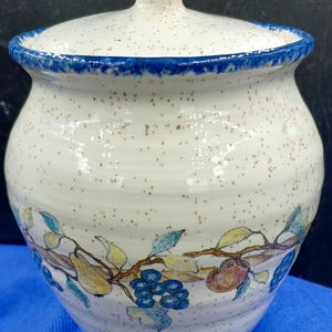 Puede incluir: Un tarro de cerámica con tapa, con un acabado blanco moteado y un borde azul. El tarro está adornado con un diseño pintado a mano de frutas y hojas en tonos azules, amarillos y marrones. Un recipiente decorativo para la cocina.