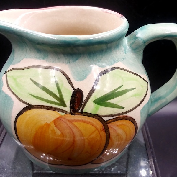 Guy Roc China  Ceramic pitcher. Handpainted. Golden Peach and Pear DesIgn. Half Pink/Half Green. Spout and Handle. Vintage.