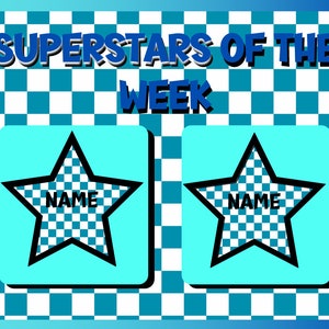 Puede incluir: Un fondo a cuadros azules y blancos con el texto "SUPERSTARS OF THE WEEK" en azul. Dos cuadrados azules con contornos negros contienen cada uno una estrella negra con un patrón de cuadros blancos y azules y la palabra "NAME" en su interior.