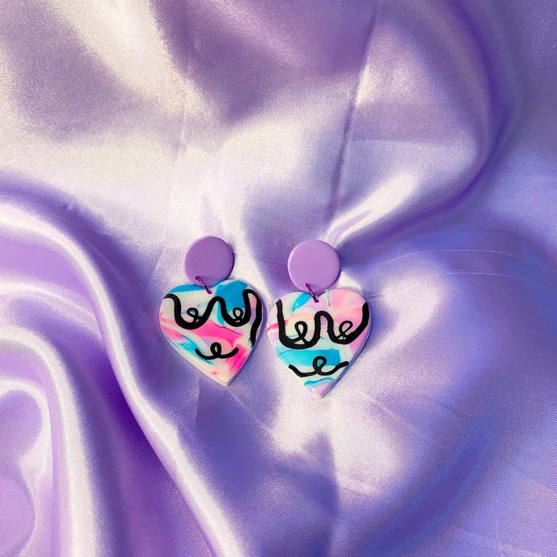 Handmade Love yourself Pastel Colours Funky Gift for her Boobie love heart earrings Valentines Love Heart Polymer Clay