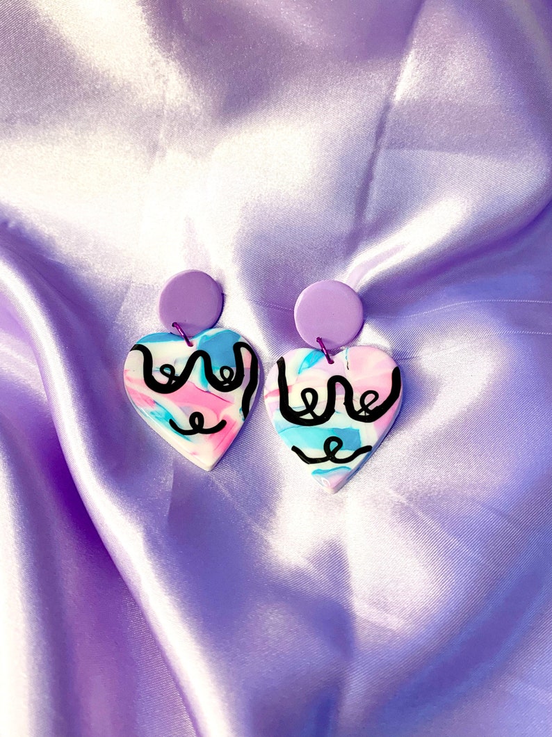 Handmade Love yourself Pastel Colours Funky Gift for her Boobie love heart earrings Valentines Love Heart Polymer Clay