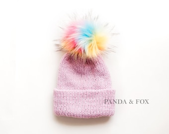 Ready to ship Toddler/Child Pink knitted beanie with brim and Rainbow Faux fur pom pom