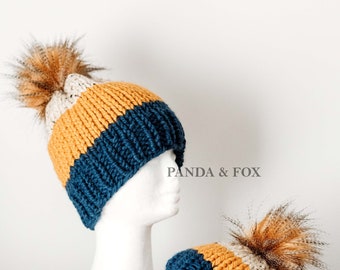 Hand knit beanie in denim blue, mustard and oatmeal with faux fur pom pom. Newborn baby Toddler Child Adult Boys Girl matching mum and bub