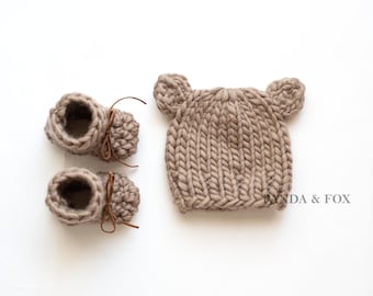 Ready to ship 100% pure wool hand knitted newborn beanie and bootie set. taupe brown bear gender neutral baby knit pregnancy announcement