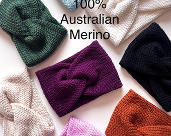 Merino Wool knit Ear Warmer | 100% Australian Wool Headband | Soft, Warm Winter Knit Headband | Cozy Twist Turban Style Earwarmer