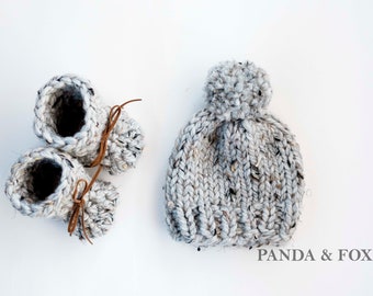Gender neutral Grey Marble Newborn beanie and booties set. Ready to ship