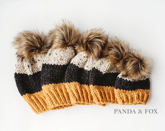 Hand Knit Mustard, Charcoal and oatmeal Beanie with Faux fur Pom pom, Toddler 1-3 years. Boys 4-10 years Adults