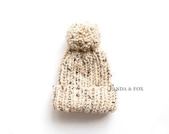 Hand knit chunky oatmeal Beanie with matching yarn pom pom/ Panda and Fox. Gender neutral for boy or girl, toddler, baby, child, hat. brim