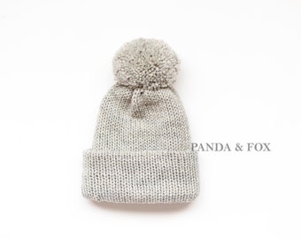 Ready to ship Toddler/Child light grey knitted beanie with brim and matching yarn pom pom. kids winter beanie