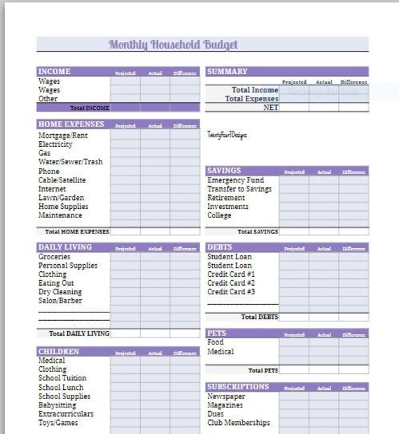 Monthly Budget Monthly Budget Template Family Budget Family Etsy