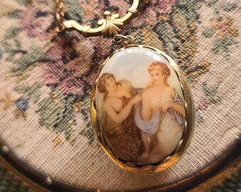 Antique Long Chain Porcelain Locket, Double Sided, 29 inches