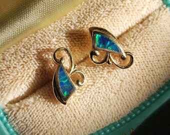 Australian Black Opal Inay Earrings, 14K Yelow Gold