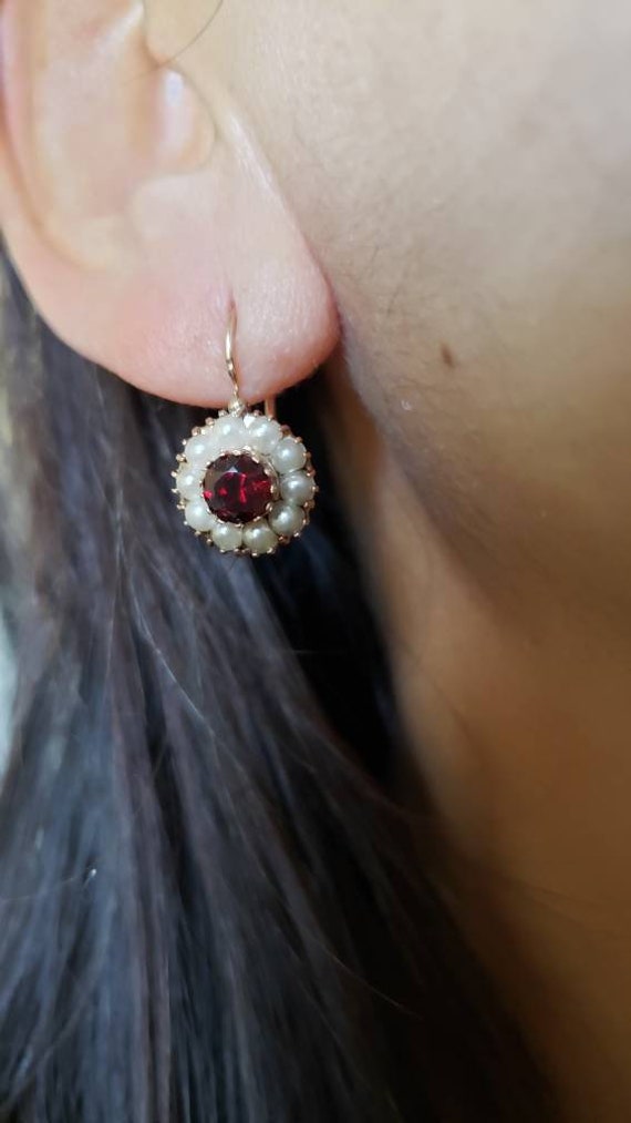 Antique Victorian Garnet and Seed Pearl Earrings, 