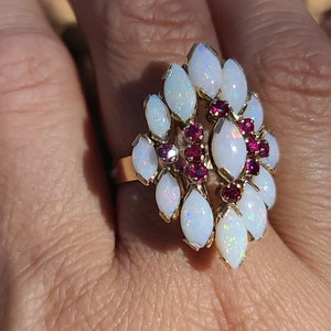 Vintage Opal and Ruby Ring, Opal Cocktail Ring, 14K Yellow Gold, size 7.5 image 3