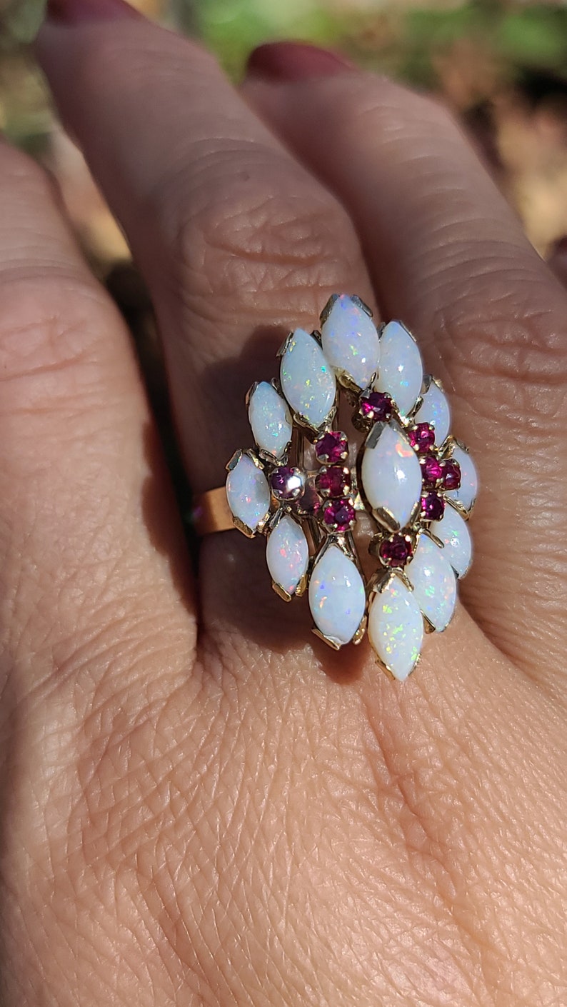 Vintage Opal and Ruby Ring, Opal Cocktail Ring, 14K Yellow Gold, size 7.5 image 3