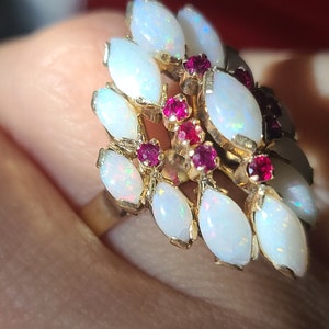 Vintage Opal and Ruby Ring, Opal Cocktail Ring, 14K Yellow Gold, size 7.5 image 5