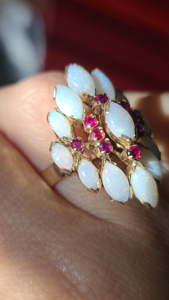 Vintage 14K Yellow Gold Opal and Ruby Cocktail Ri… - image 5