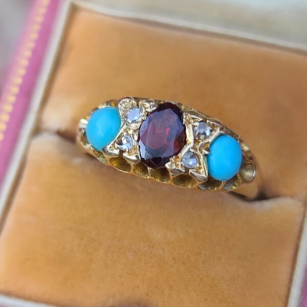 Antique Garnet and Turquoise Ring with Diamonds, 14K Yellow, size 6