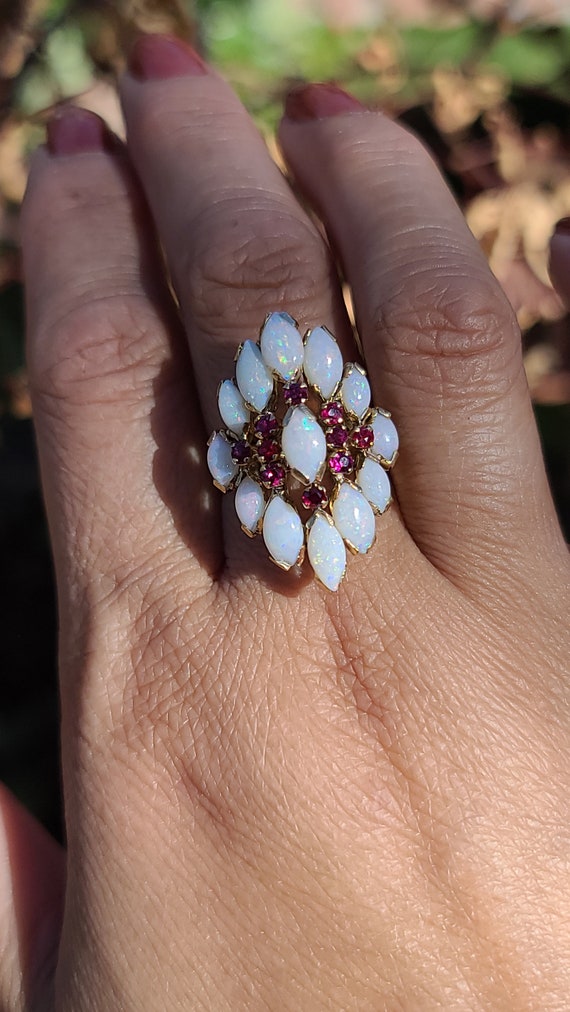 Vintage 14K Yellow Gold Opal and Ruby Cocktail Ri… - image 4