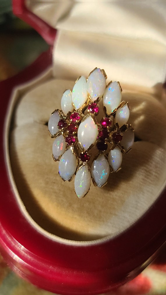 Vintage 14K Yellow Gold Opal and Ruby Cocktail Ri… - image 8