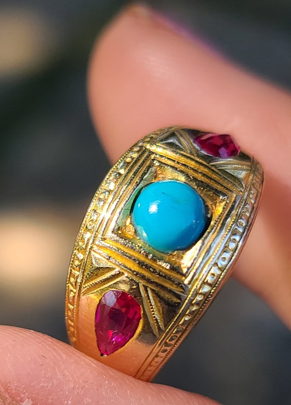 14K Gold Turquoise and Ruby Ring with Engraved De… - image 1