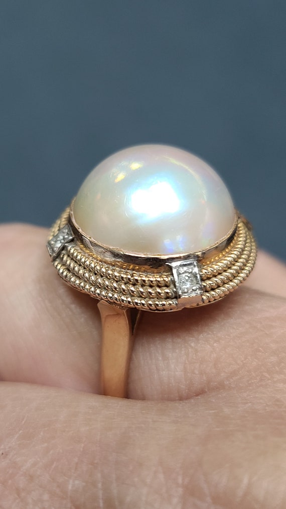 14K Mabe Pearl and Diamond Cocktail Ring, size 8 - image 7