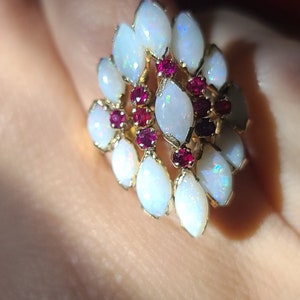 Vintage Opal and Ruby Ring, Opal Cocktail Ring, 14K Yellow Gold, size 7.5 image 6