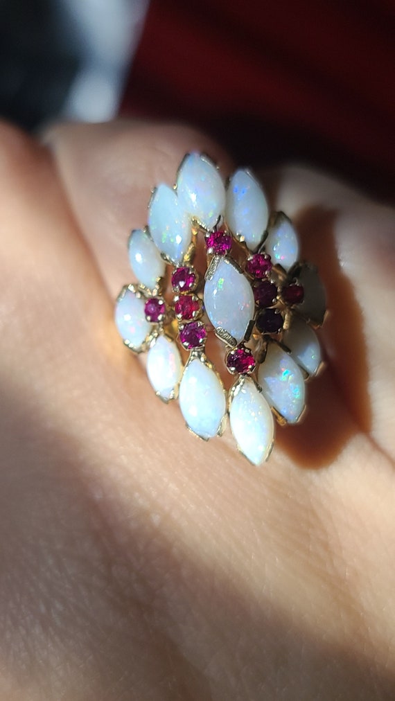 Vintage 14K Yellow Gold Opal and Ruby Cocktail Ri… - image 6