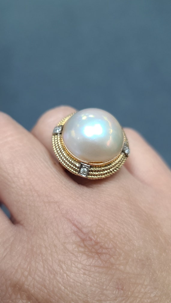 14K Mabe Pearl and Diamond Cocktail Ring, size 8 - image 3