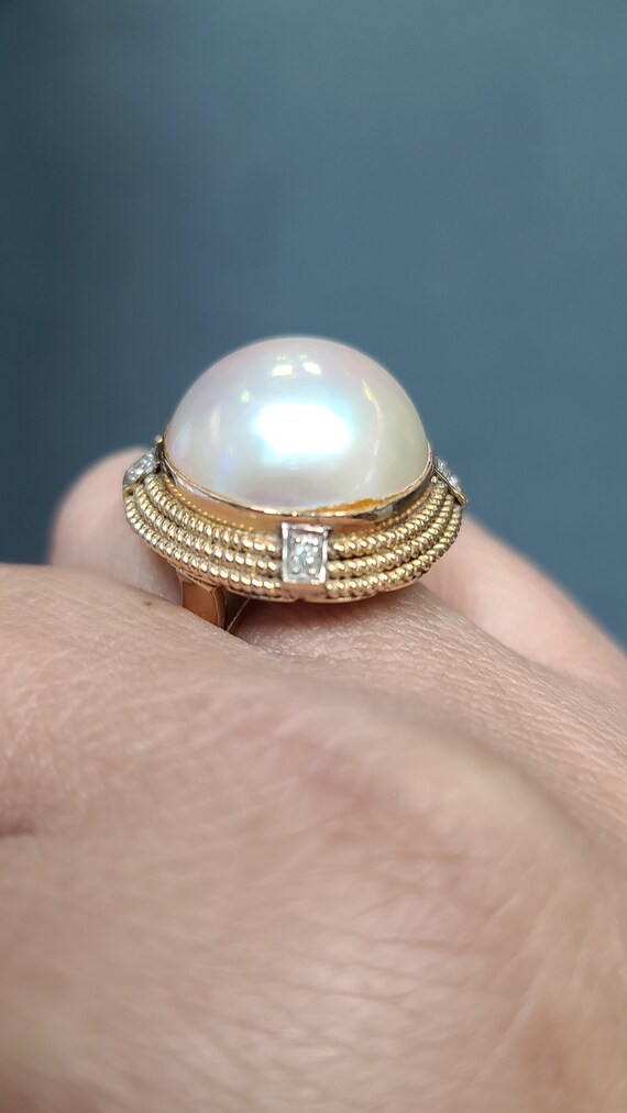 14K Mabe Pearl and Diamond Cocktail Ring, size 8 - image 2