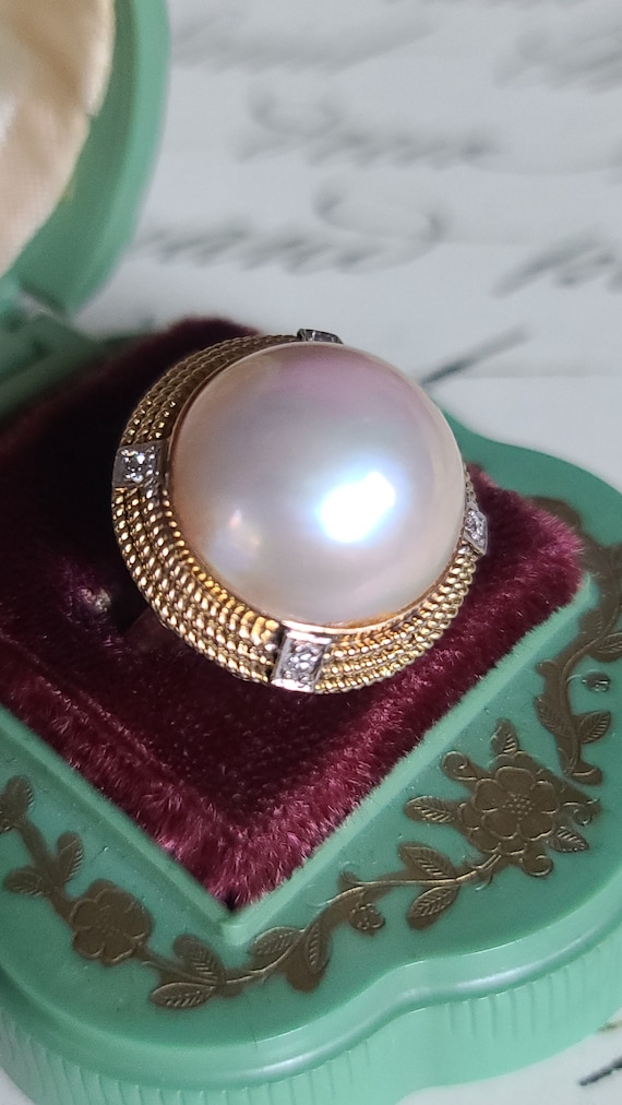 14K Mabe Pearl and Diamond Cocktail Ring, size 8 - image 1