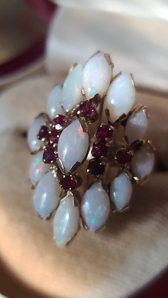 Vintage 14K Yellow Gold Opal and Ruby Cocktail Ri… - image 10
