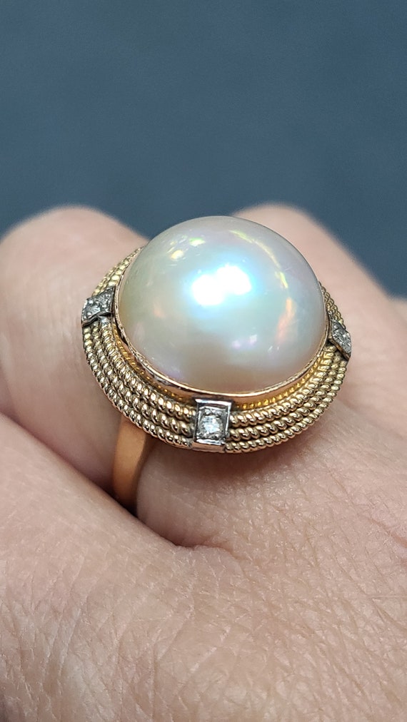14K Mabe Pearl and Diamond Cocktail Ring, size 8 - image 6