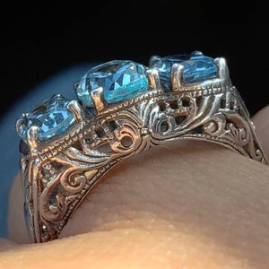 Vintage Inspired Blue Topaz Ring, Sterling Silver, size 7