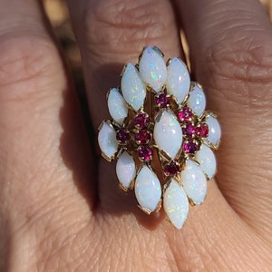 Vintage Opal and Ruby Ring, Opal Cocktail Ring, 14K Yellow Gold, size 7.5 image 2