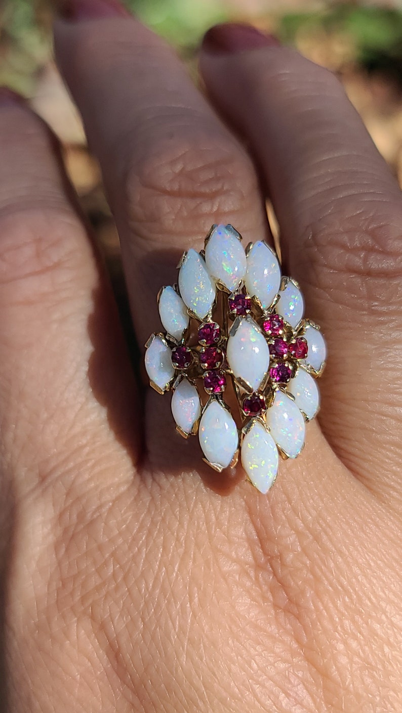 Vintage Opal and Ruby Ring, Opal Cocktail Ring, 14K Yellow Gold, size 7.5 image 2