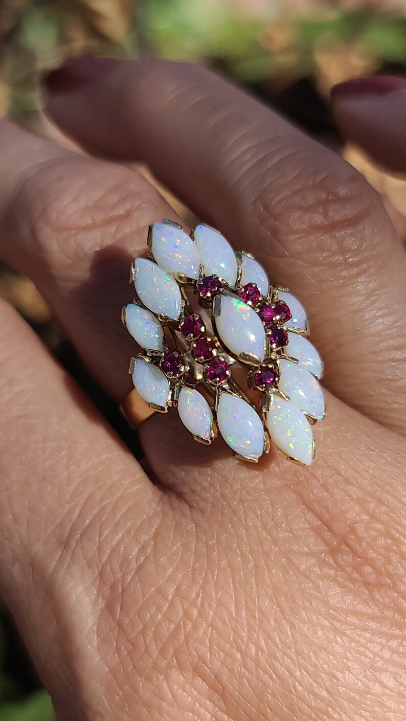 Vintage Opal and Ruby Ring, Opal Cocktail Ring, 14K Yellow Gold, size 7.5 image 1