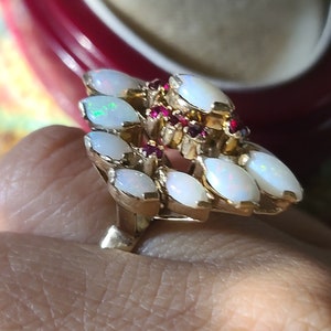 Vintage Opal and Ruby Ring, Opal Cocktail Ring, 14K Yellow Gold, size 7.5 image 7