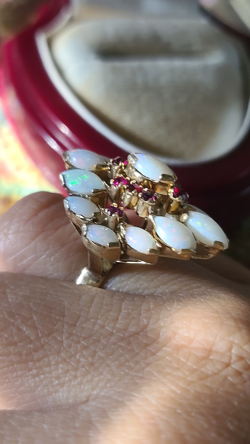 Vintage Opal and Ruby Ring, Opal Cocktail Ring, 14K Yellow Gold, size 7.5 image 7