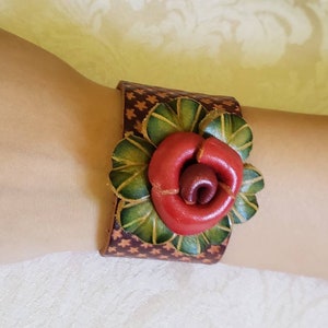 Unique Handcrafted Leather Bracelet with a Rose and Leaves, Snap closure