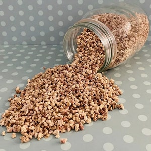 Könnte beinhalten: Ein klares Glasgefäß, das umgekippt ist und eine Ansammlung kleiner, beige gefärbter Stücke auf einer grauen Oberfläche mit weißen Punkten verstreut. Die Stücke scheinen getrocknet zu sein, möglicherweise für kulinarische oder handwerkliche Zwecke.