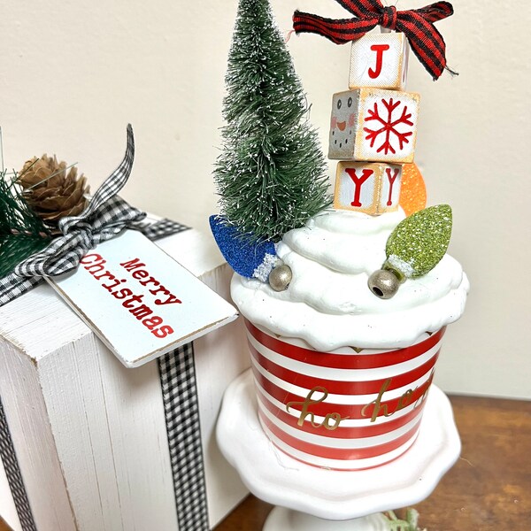 Fake bake Christmas cupcake/joy/ Christmas decor/red & white Christmas decor