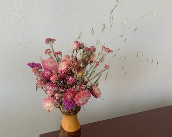 Ready to ship: Rustic dried flowers in vintage wooden vase, pink dried flowers, spring flowers, gift for her, home decor gift, mother’s day