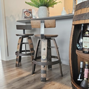 Handcrafted Whiskey Barrel Stool with Swivel Seat | Unique Rustic Home Bar Furniture- Handmade with a Full Whiskey Barrel from the 60&#39;s