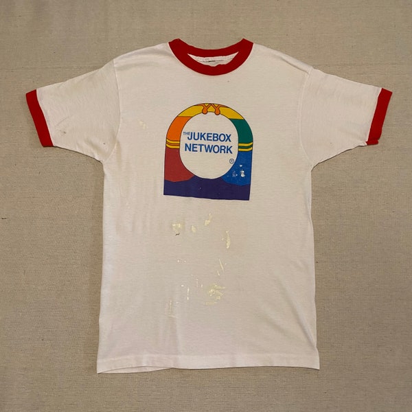 vintage '80s blanc & rouge « The Jukebox Network » graphique ringer tee