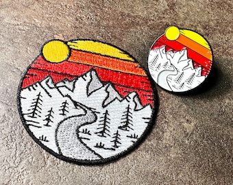 Mountain Sunset enamel pin badge and Patch combo