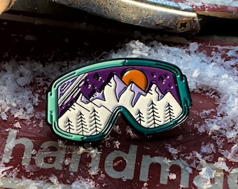 PURPLE SKI GOGGLES Mountain Sunset enamel pin badge, for the adventureous!